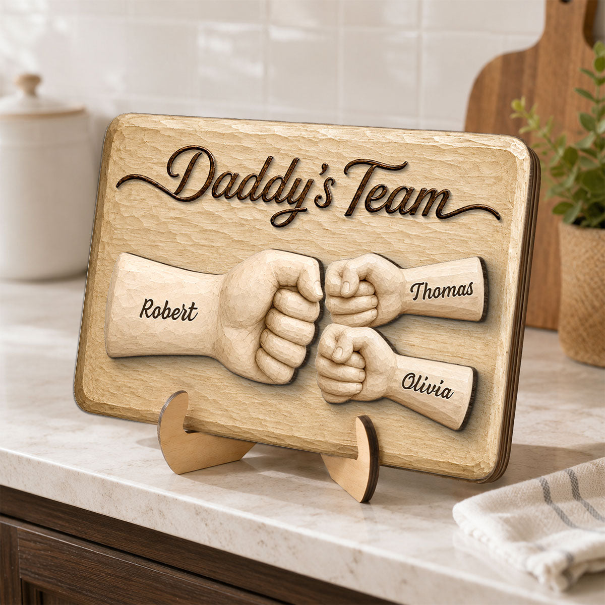 Sentimental Rustic Daddy's Team Fist Bump - Personalized 2-Layered Wooden Plaque -  Gift For Dad, Husband