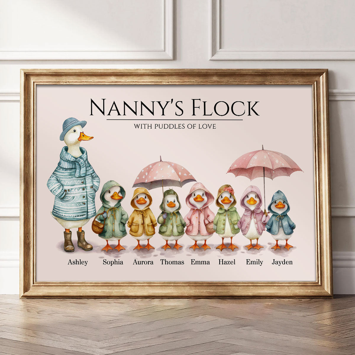 Nanny's Flock Gift For Grandma Nana Grammy Cute Watercolor Ducks Personalised Poster, Mother's Day Gift