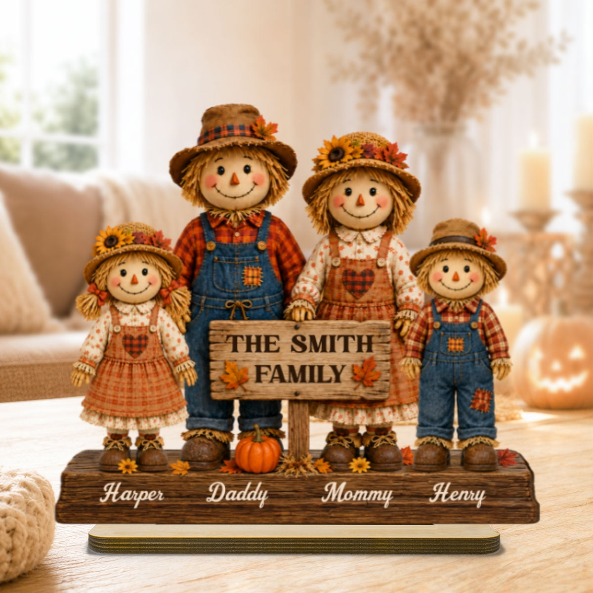 Scarecrow Family Fall Season 2D Flat - Personalized Standing Wooden Plaque