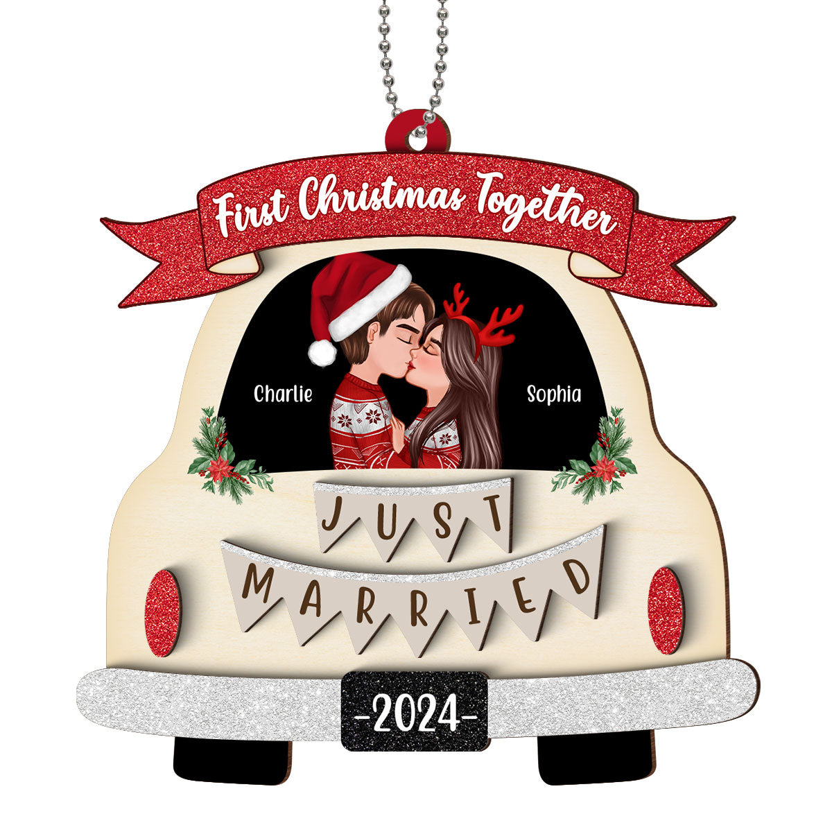 First Christmas Married Couple In Wedding Car Personalized 2-Layer Wooden Ornament, Christmas Gift For Newlyweds