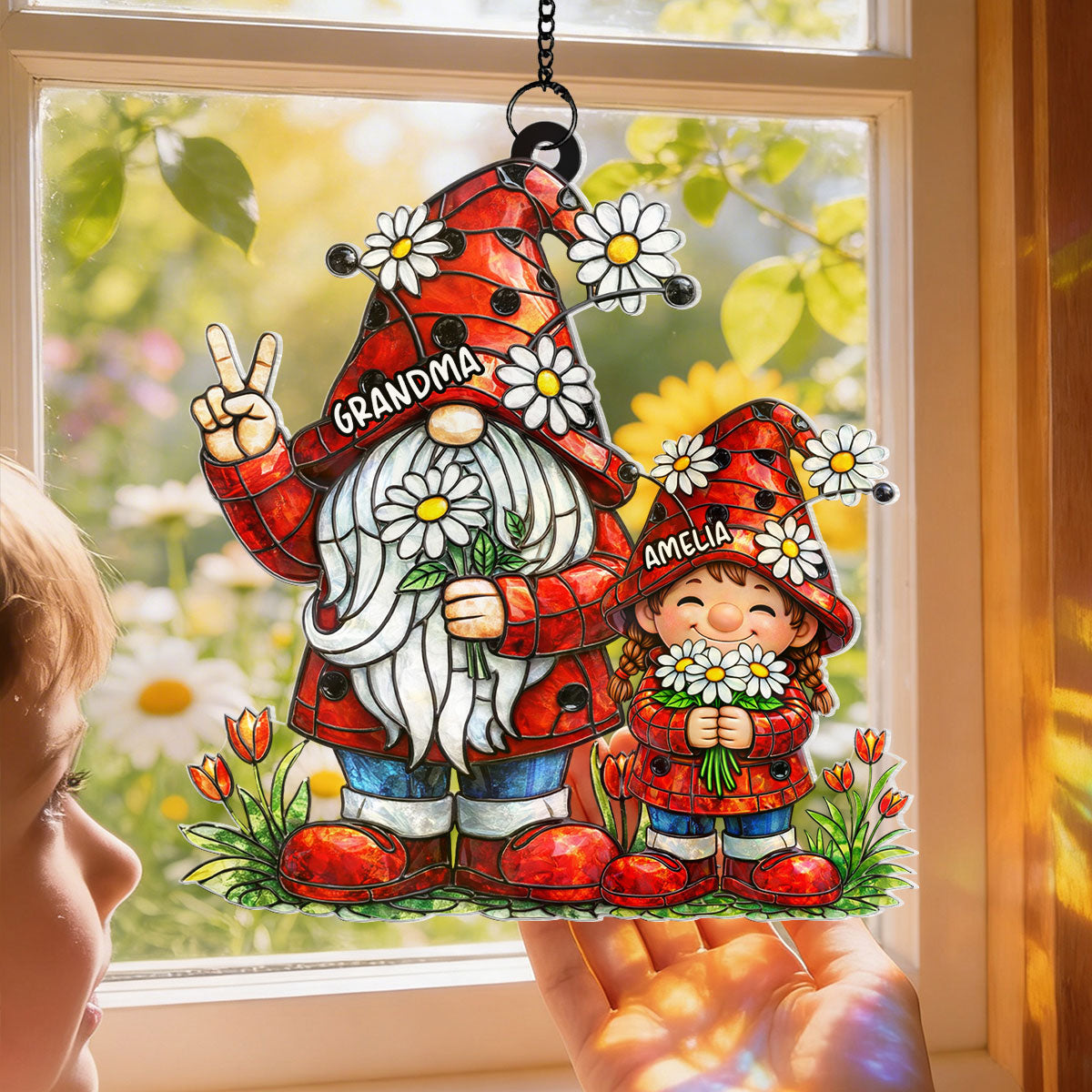 Grandma Grandkids Gnome Daisy Flowers - Personalized Suncatcher - Gift For Grandma