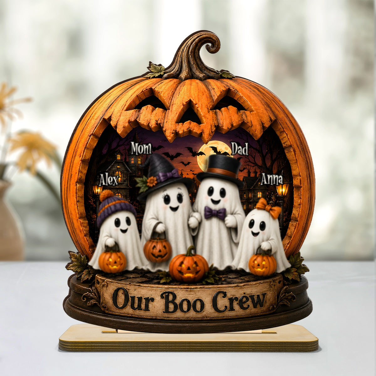 Ghost Family Our Boo Crew Pumpkin - Personalized 2-Layered Wooden Plaque - Halloween Decor Gift, Gift For Family