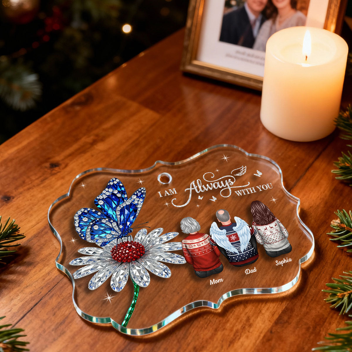 3D Crystal Effect Daisy Butterfly Always With You Family Memorial - Personalized Acrylic Ornament - Remembrance Gift, Sympathy Gift