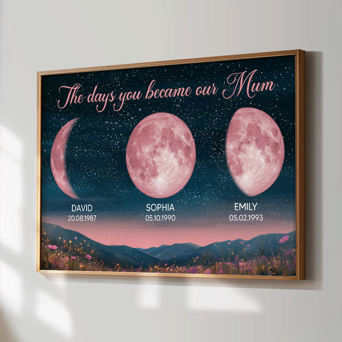 Pink Custom Moon Phase Birth Moon Beautiful Hill At Night - Personalised Poster