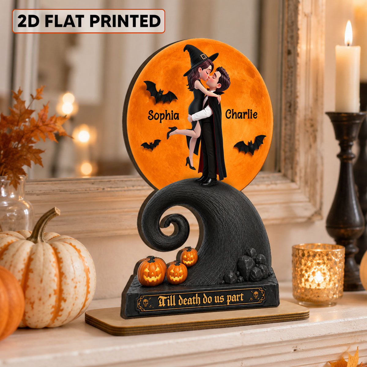 Our Love Beneath The Halloween Moon - Personalized 2-Layered Wooden Plaque - Halloween Gift For Couple