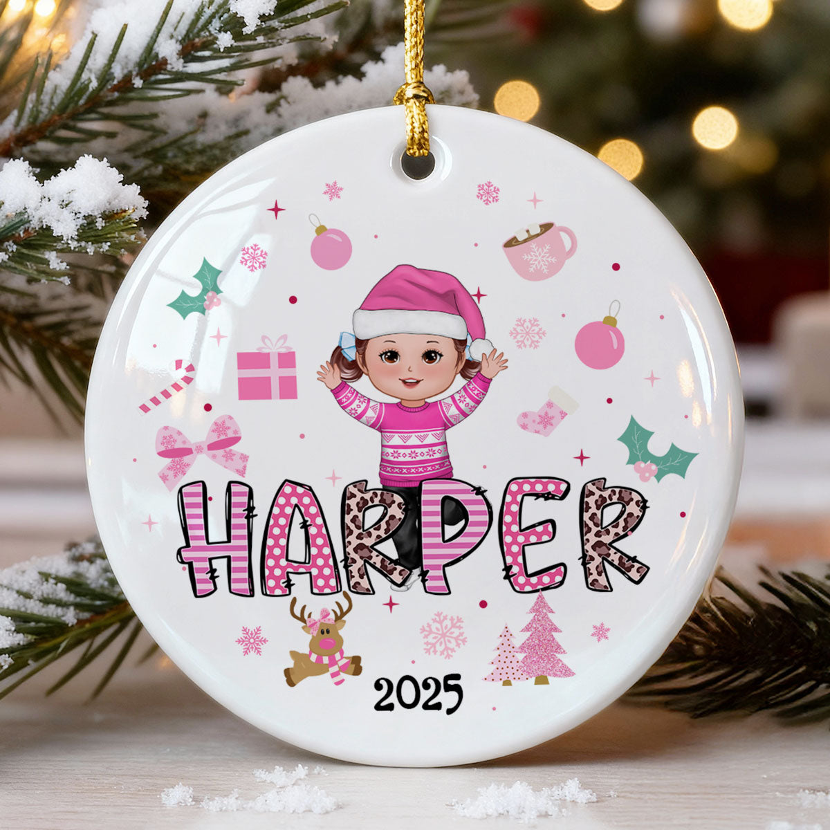Pink Theme Cute Doll Girl Name Christmas - Personalized Ceramic Ornament - Gift For Daughter, Granddaughter