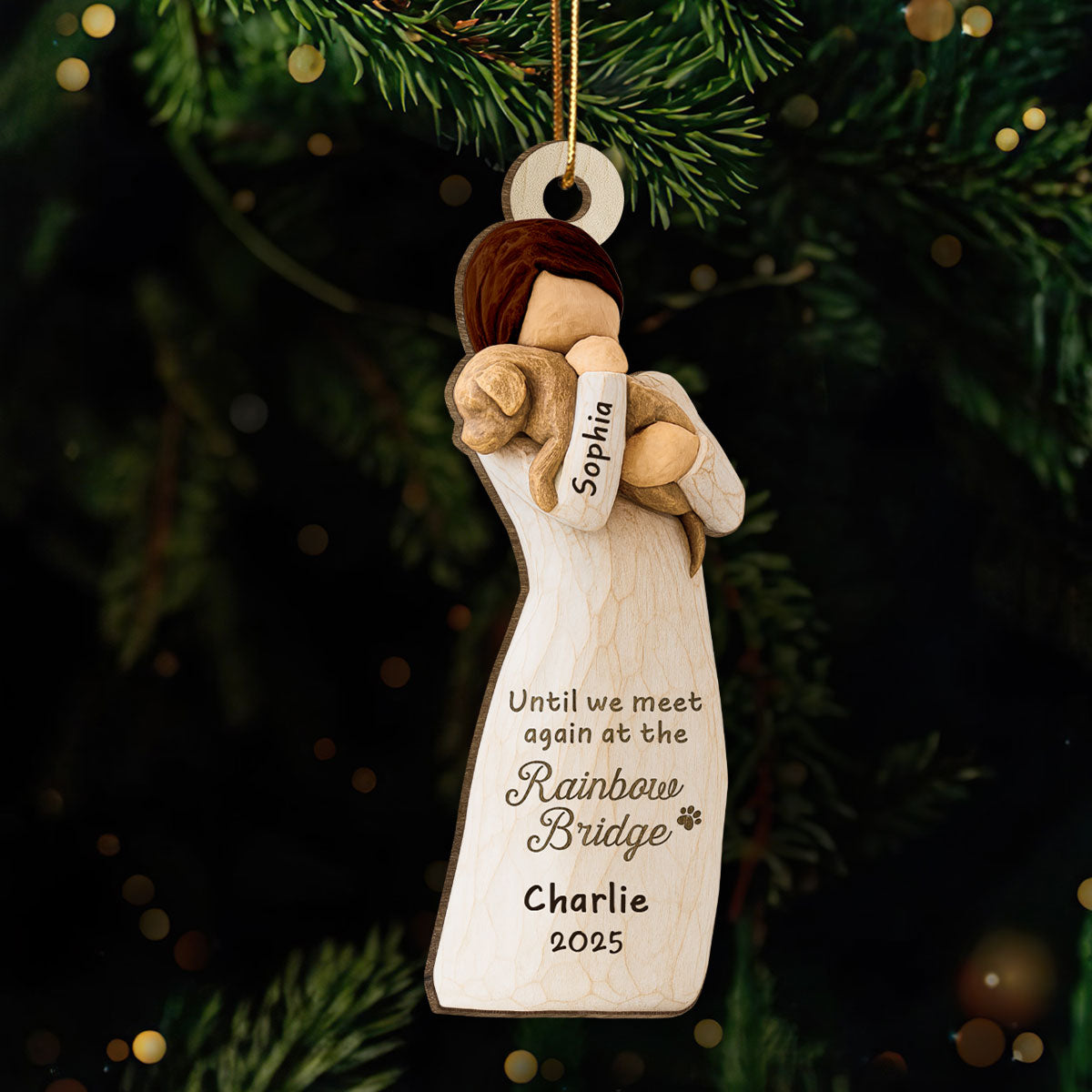 Until We Meet At Rainbow Bridge Woman & Dog 3D Effect - Personalized Wooden Ornament - Memorial Keepsake