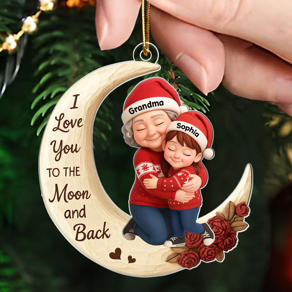 Grandma Grandkids Hugging on Moon 3D Wooden Effect - Personalized Acrylic Ornament - Christmas Gift for Grandma, Grandkids