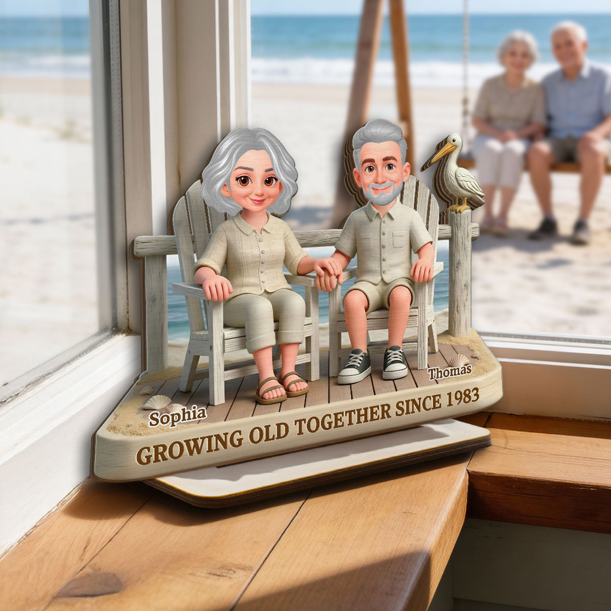 Eternal Love Couple On The Beach Growing Old Together - Personalized 2-Layer Wooden Plaque - Gift For Couple, Gift For Him, For Her