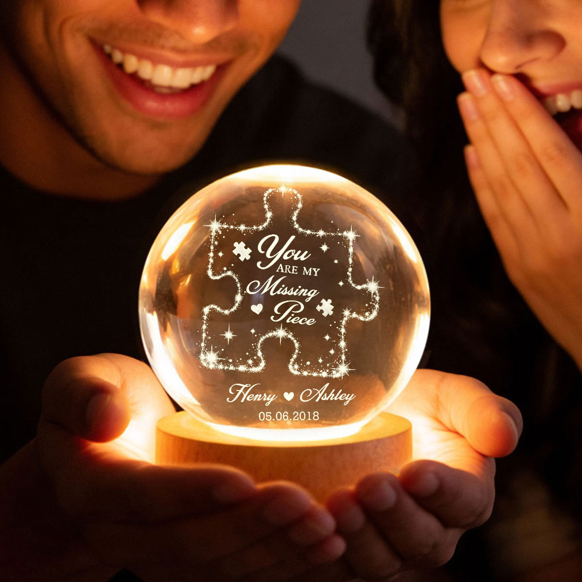 Couple You Are My Missing Piece - Personalized Crystal Ball LED Night Light - Heartfelt Anniversary Gift For Him, For Her