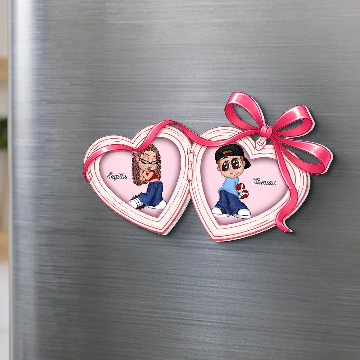Y2K Couple Custom Coquette Heart Locket - Personalized Acrylic Fridge Magnet - Gift For Her, Gift For Him