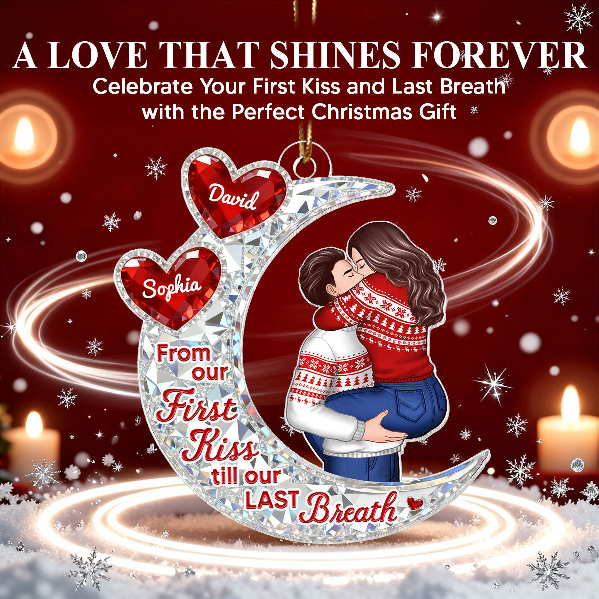 3D Effect Flat Moon Couple Hugging Kissing - Personalized Acrylic Ornament - Gift For Couple, Gift For Him, For Her