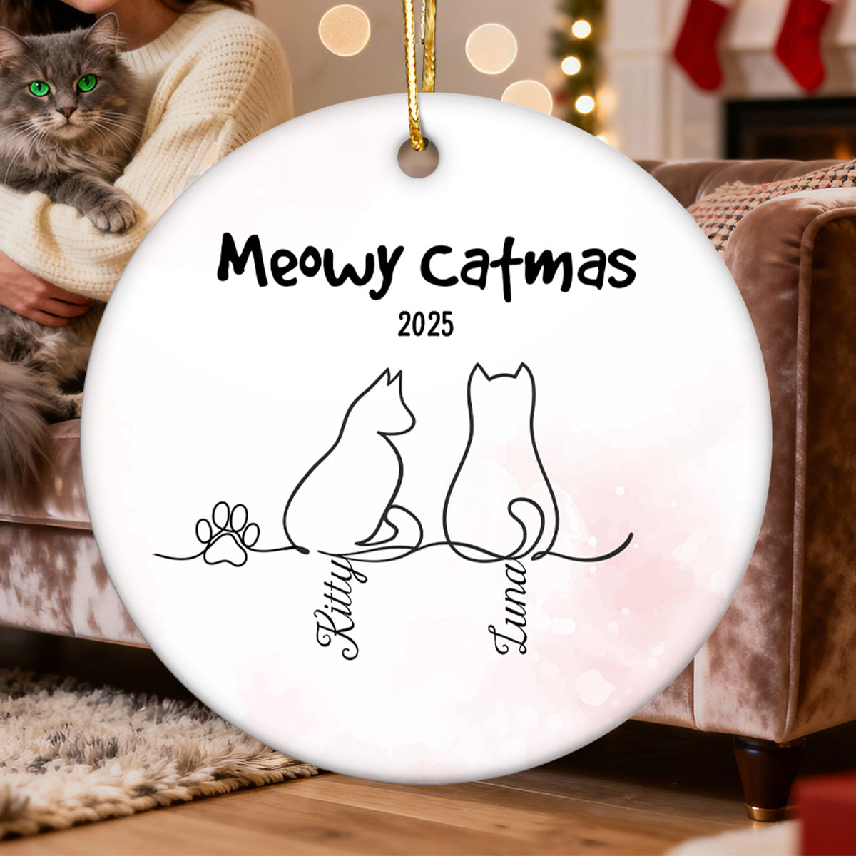 My Babies Cat Line Art - Personalized Ceramic Ornament - Christmas Ornament For Cat Lovers