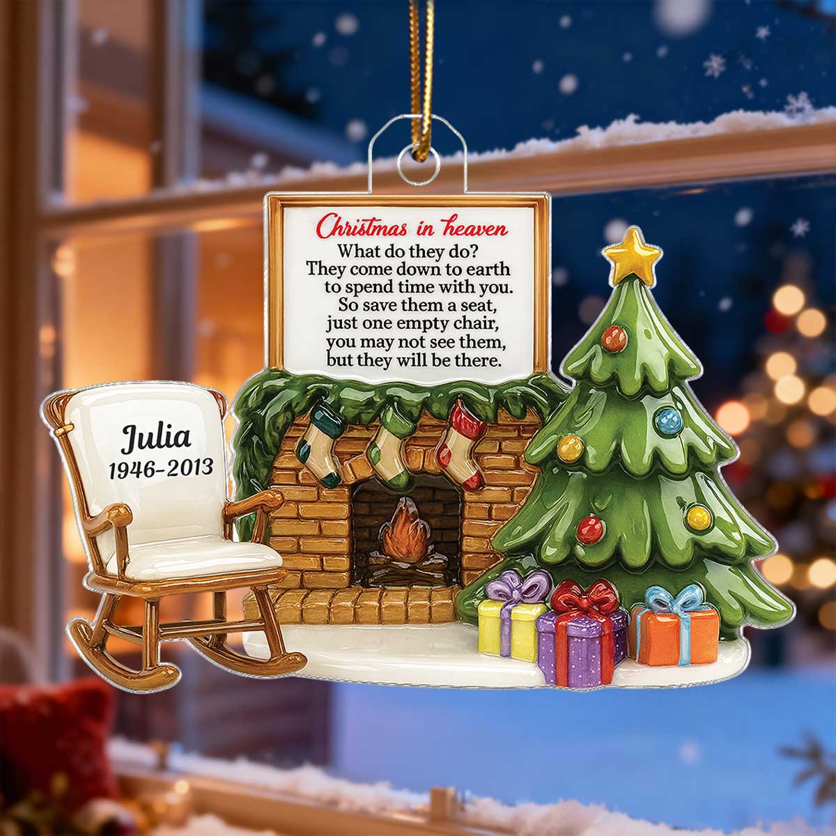 3D Effect Christmas In Heaven Chair At Fireplace - Personalized Acrylic Ornament - Christmas Memorial Keepsake For Family