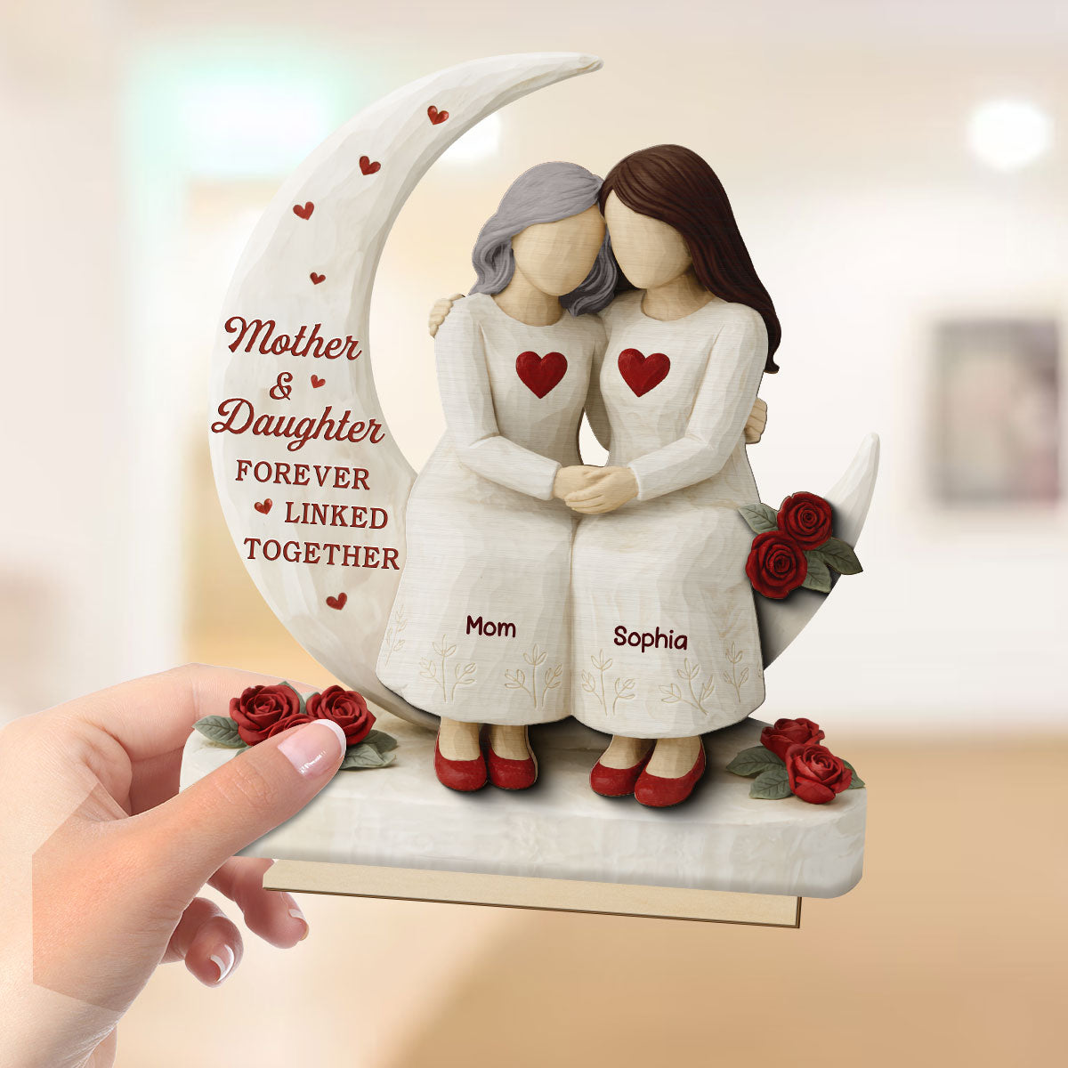 Roses Moon Mom And Daughter Forever Linked Together - Personalized 2-Layered Wooden Plaque - Gift For Mom, Daughter