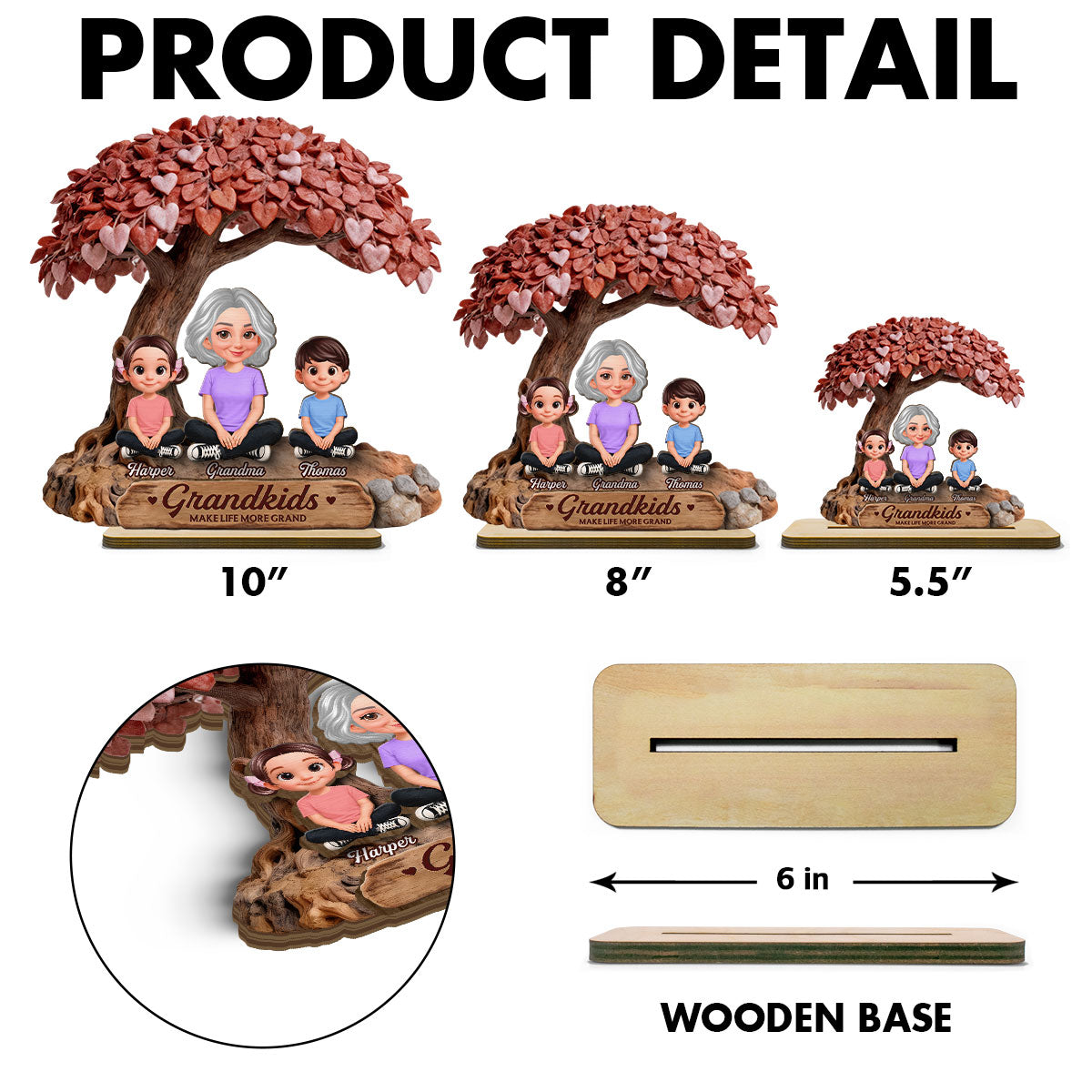 Grandma And Grandkids Under Heart Tree - Personalized 2-Layered Wooden Plaque - Gift For Grandma