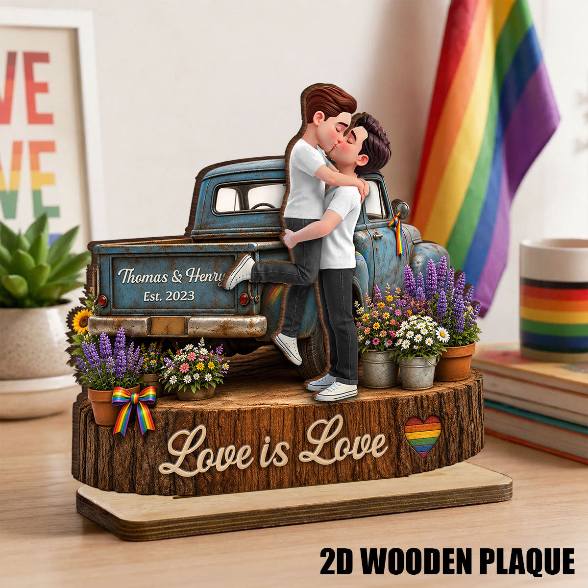 LGBT Couple Pickup Truck Proudly Us - Personalized 2-Layered Wooden Plaque - Gift For Couple, Happy Pride Month