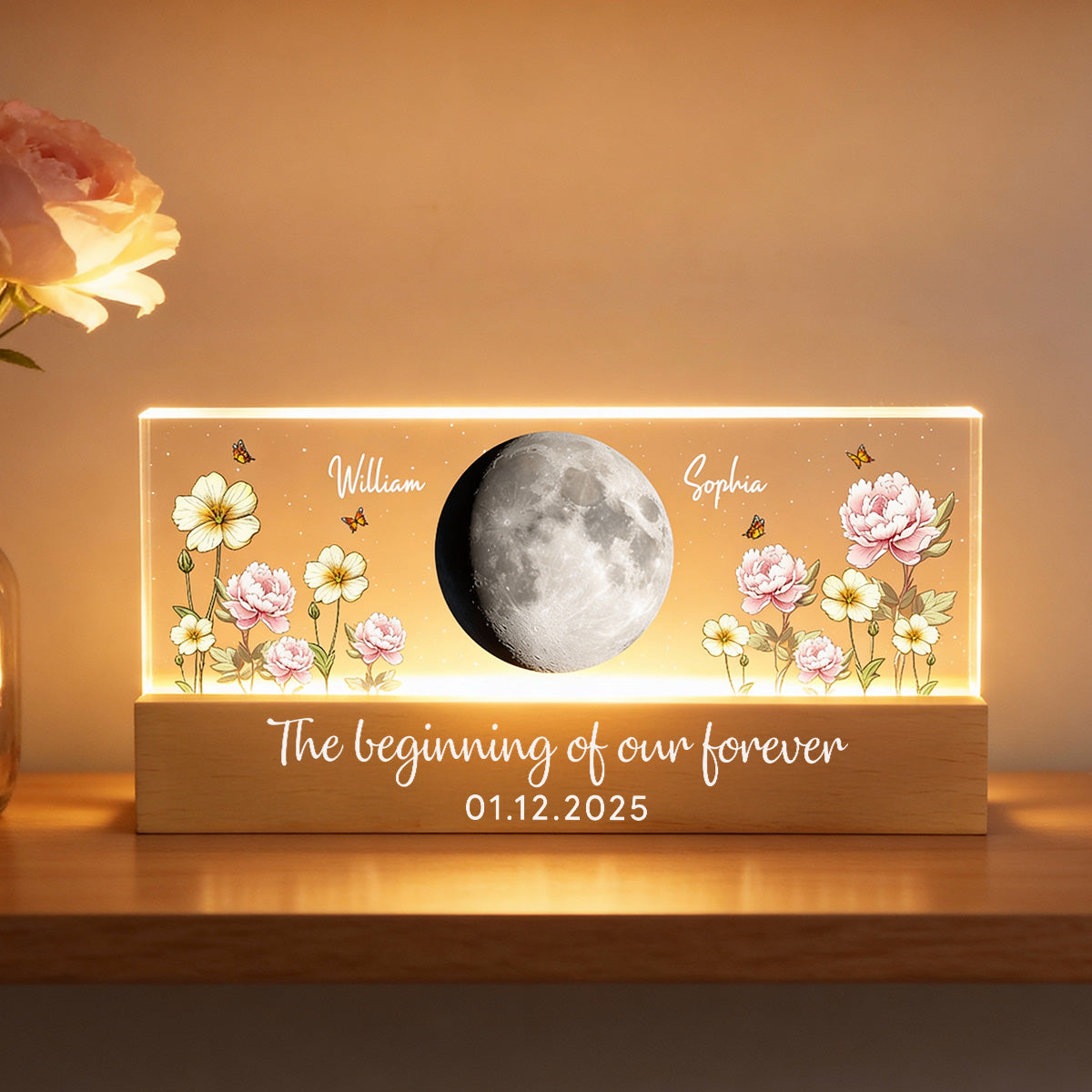 Custom Couple Birth Month Flowers Our Moon Custom Moon Phase Art - Personalized Acrylic Block Plaque LED Night Light - Gift For Couple