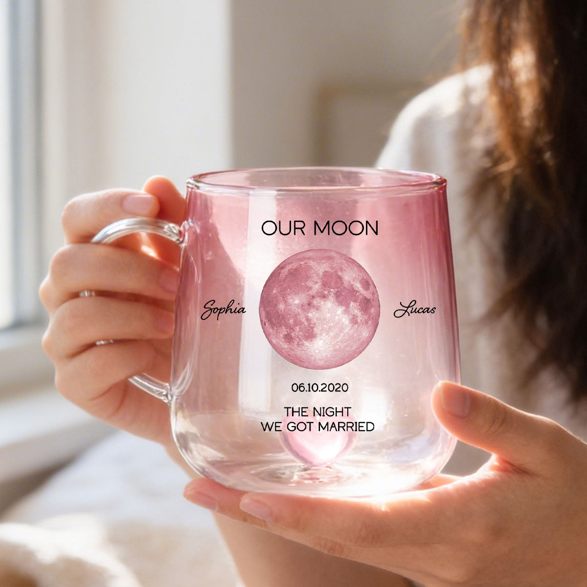 Our Moon Couple Custom Moon Phase by Date - Personalized Glass Mug - Anniversary Gift, Birthday Gift for Husband, Wife