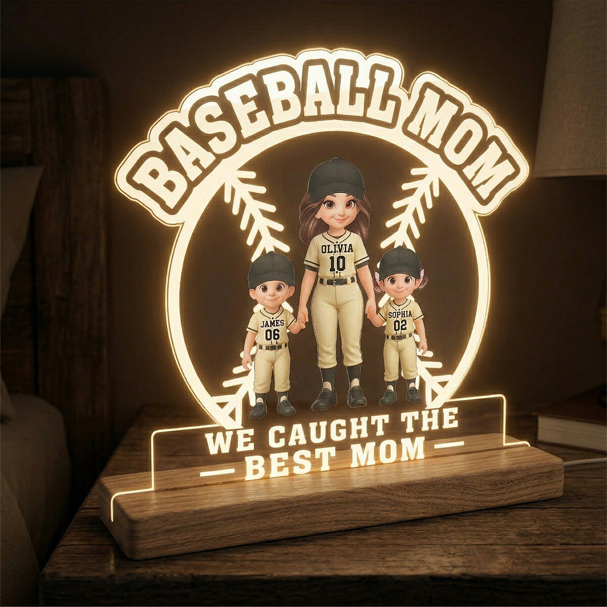 Best Mom Ever Baseball Mom & Kids - Personalized Acrylic Plaque LED Night Light