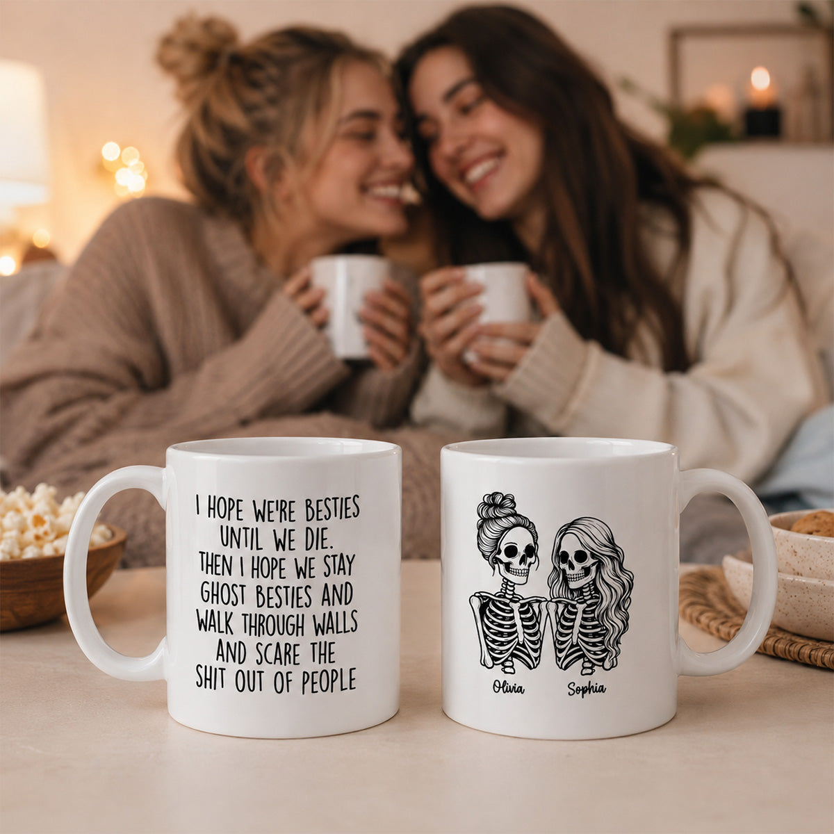 Besties Until We Die Skeleton Besties - Personalized Mug - Funny Work Bestie Gift, Halloween Keepsake For Best Friends