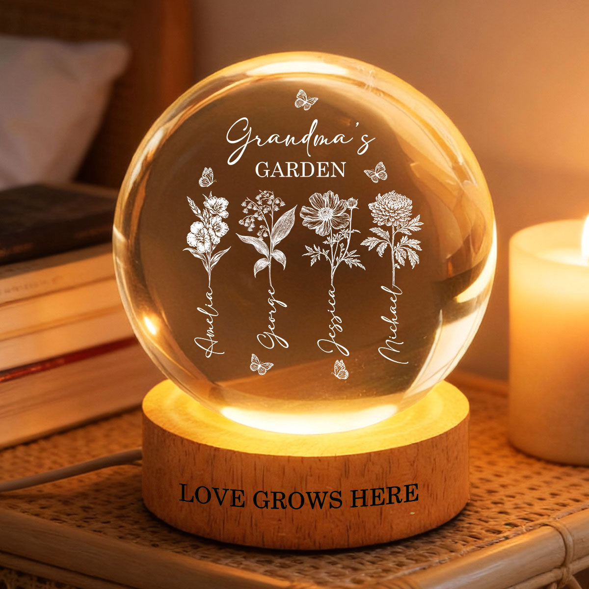 Grandma's Garden - Personalized Crystal Ball LED Night Light - Custom Birth Month Flowers, Heartfelt Gift for Grandma, Mom