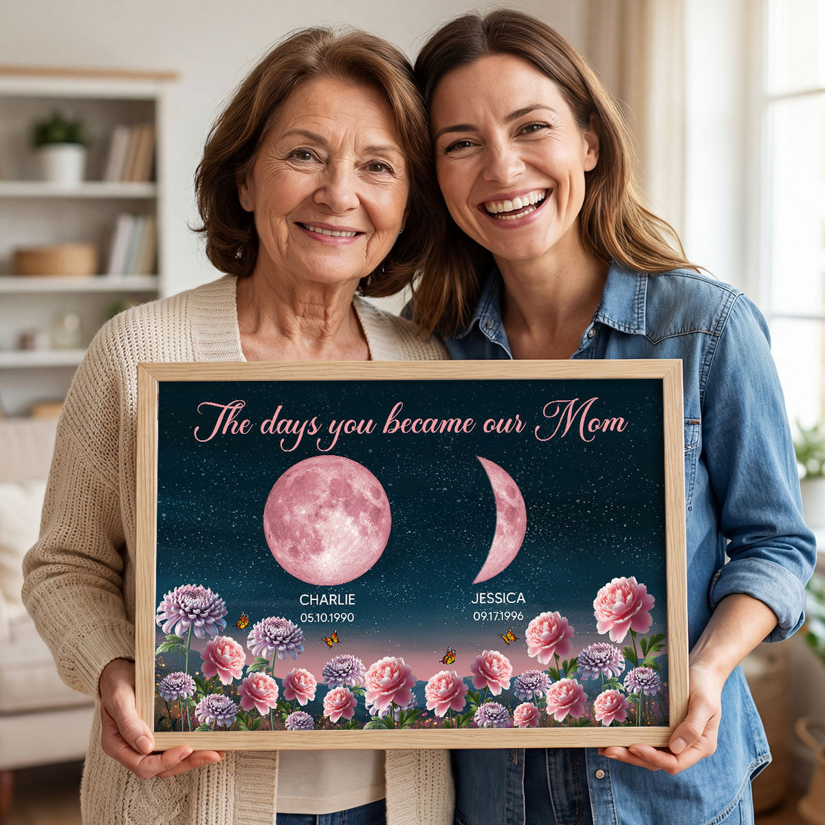 Birth Month Flowers The Day You Become Mum Grandma Custom Birth Moon Phase - Personalised Poster, Mother's Day Gift For Mum, Grandma