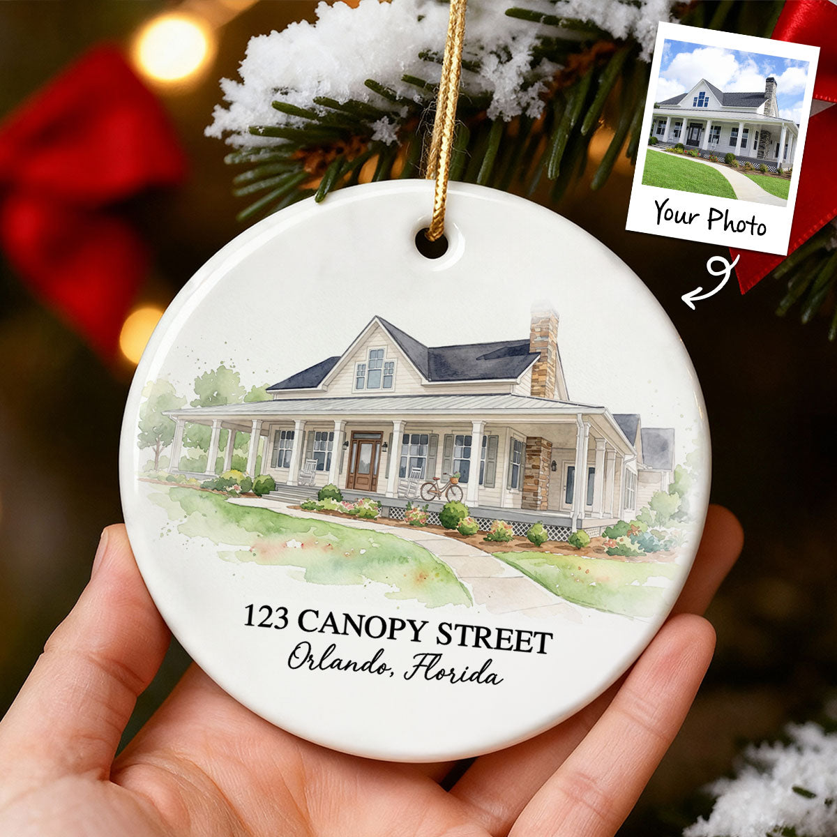 Custom Watercolor House From Photo - Personalized Ceramic Ornament - Christmas Ornament Gift, Housewarming