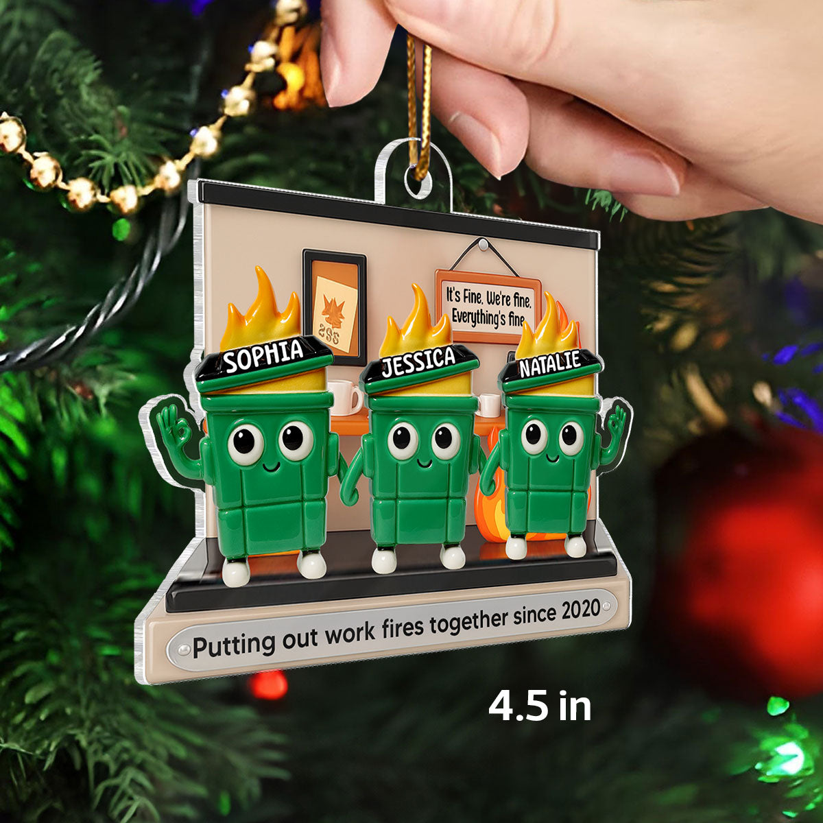 3D Effect Dumpster Fires In Office Scene - Personalized Acrylic Ornament - Funny Gift For Colleagues, Work Besties