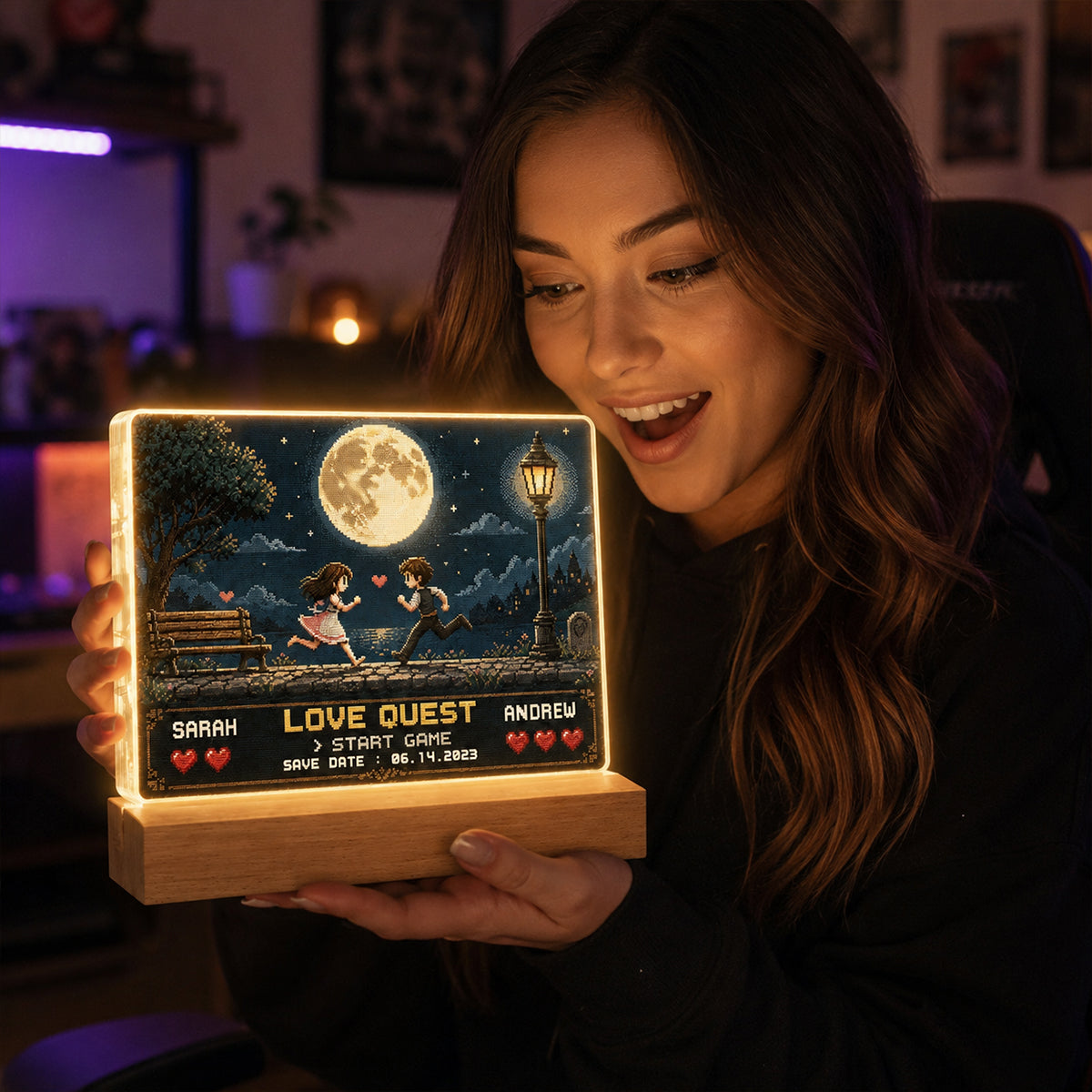 Retro Gamer Couple Love Quest - Personalized Acrylic Block LED Night Light - Anniversary Gift for Him, for Her