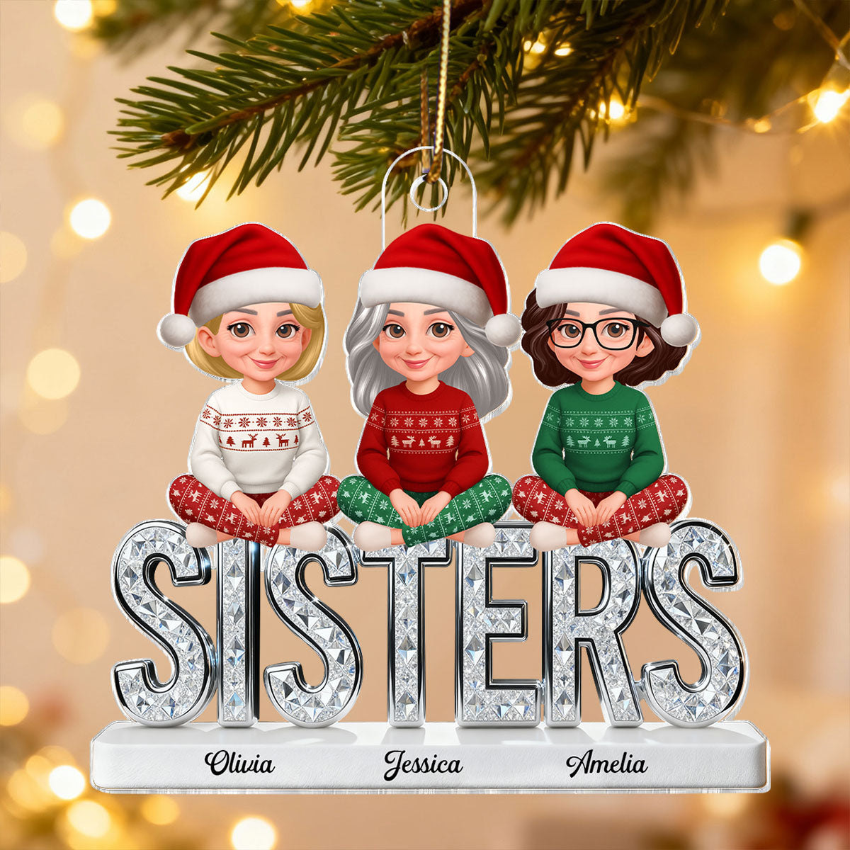 3D Shining Effect Sisters Forever Together Beautiful Women - Personalized Acrylic Ornament - Gift For Sisters