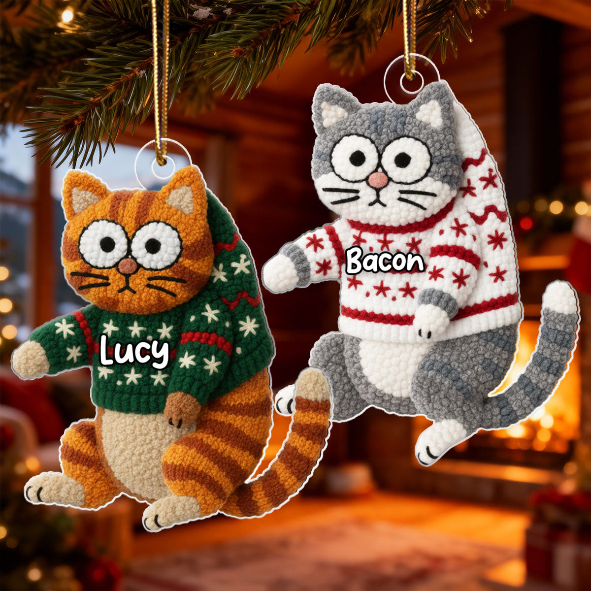 Funny Cat Hanging Latch Hook Yarn Faux - Personalized Acrylic Ornament - Christmas Gift for Cat Lovers