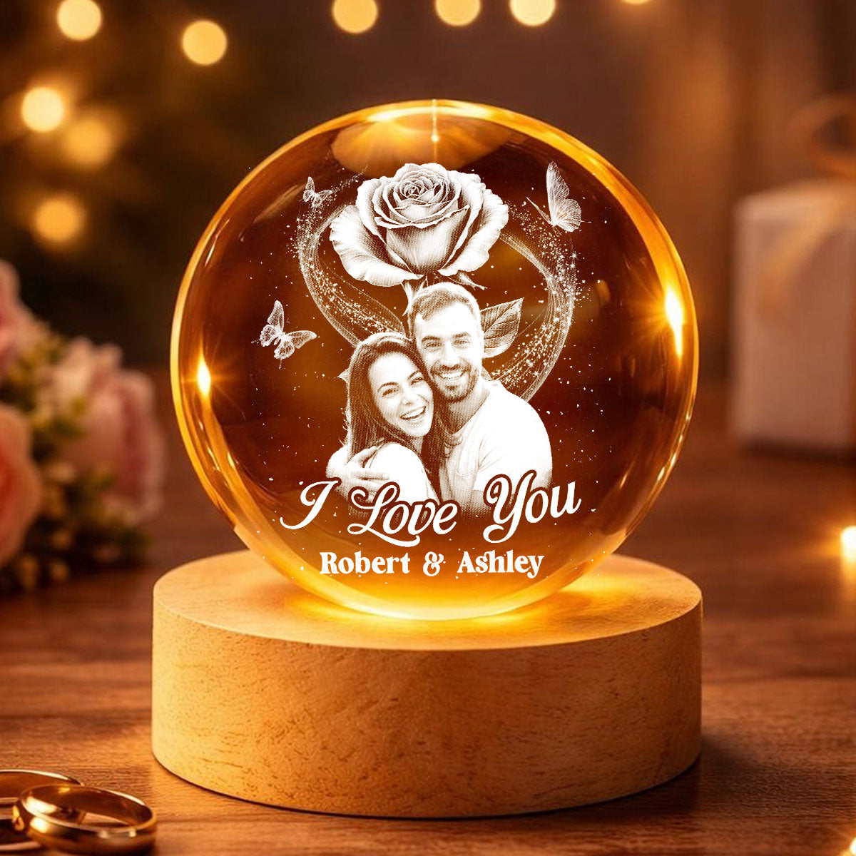 Eternal Love Rose I Love You - Personalized Crystal Ball LED Night Light - Valentine's Day Gift For Couple, For Her