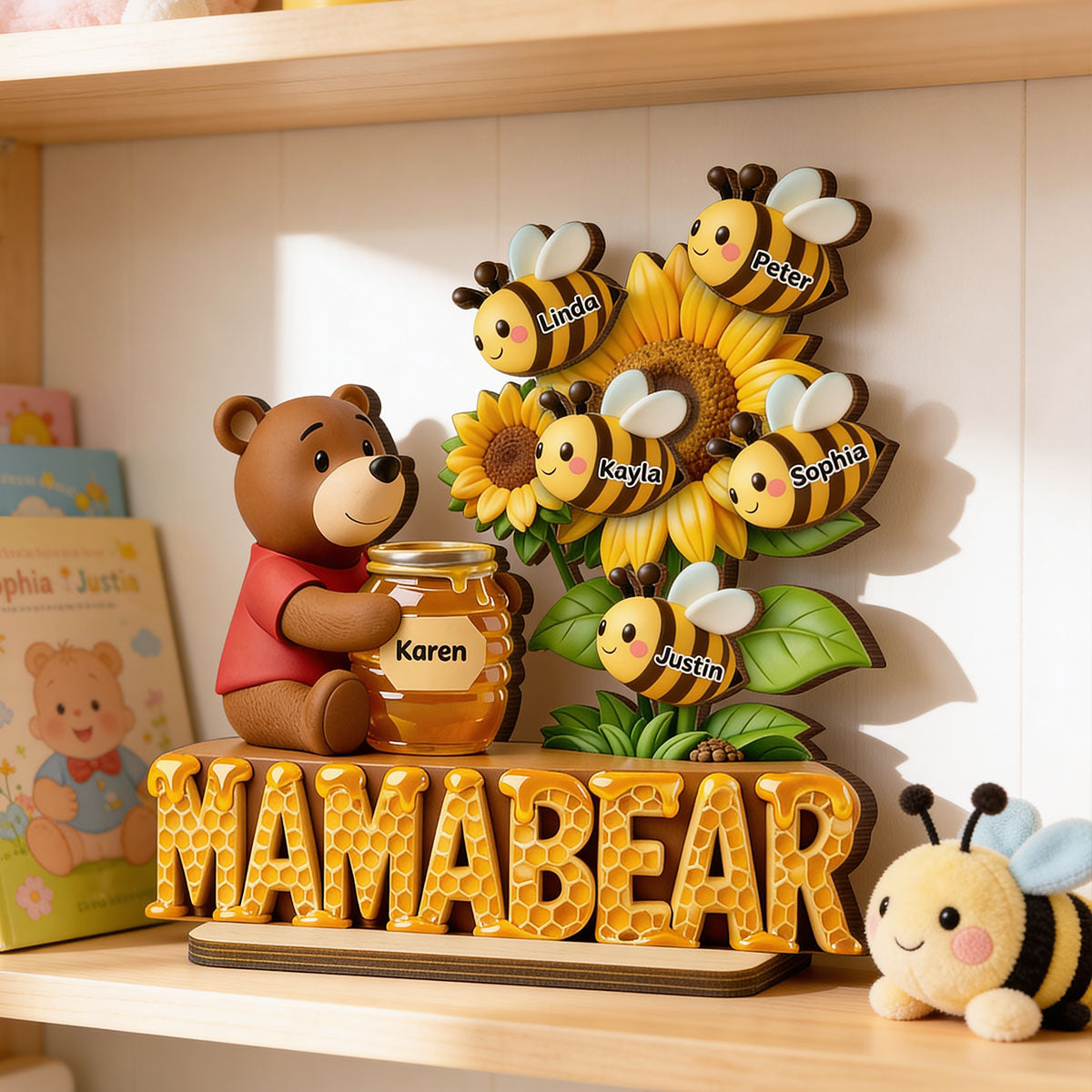 Mama Bear And Little Bees - Personalized 2-Layered Wooden Plaque - Heartfelt Gift For Mom, Grandma