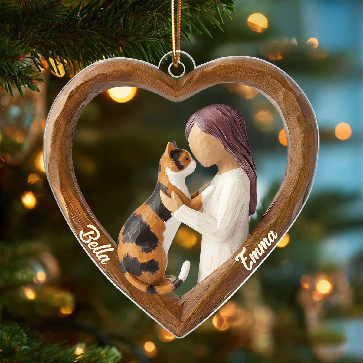 A Girl and Her Cat 3D Wooden Effect - Personalized Acrylic Ornament – Custom Girl and Cat, Keepsake Christmas Gift for Cat Moms
