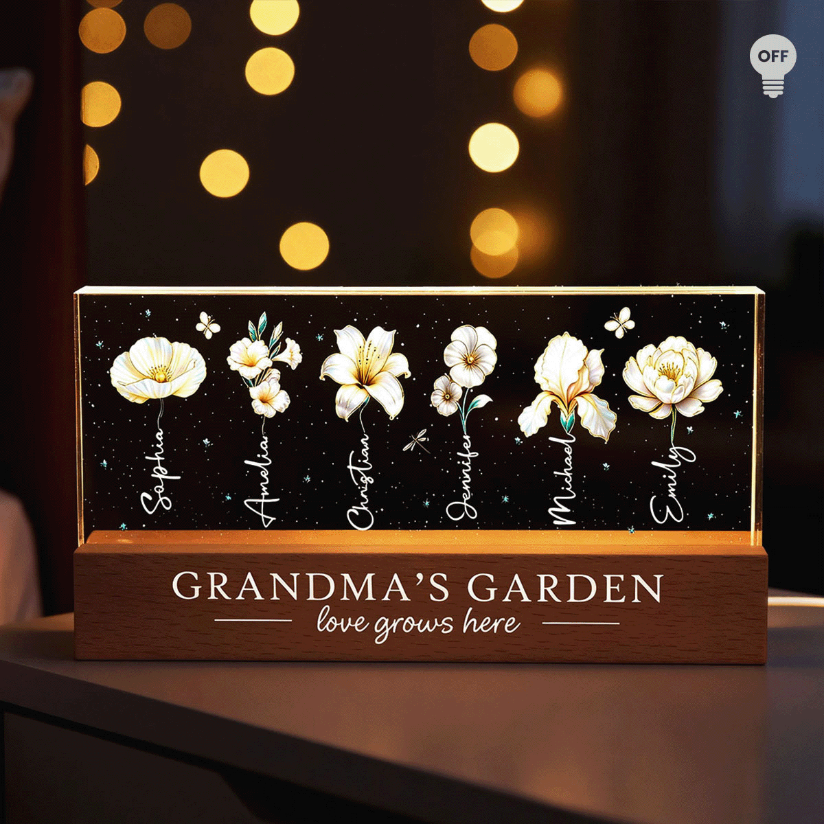 Grandma's Garden 3D Effect Birth Month Flowers - Personalized Acrylic Block LED Night Light - Gift For Grandma