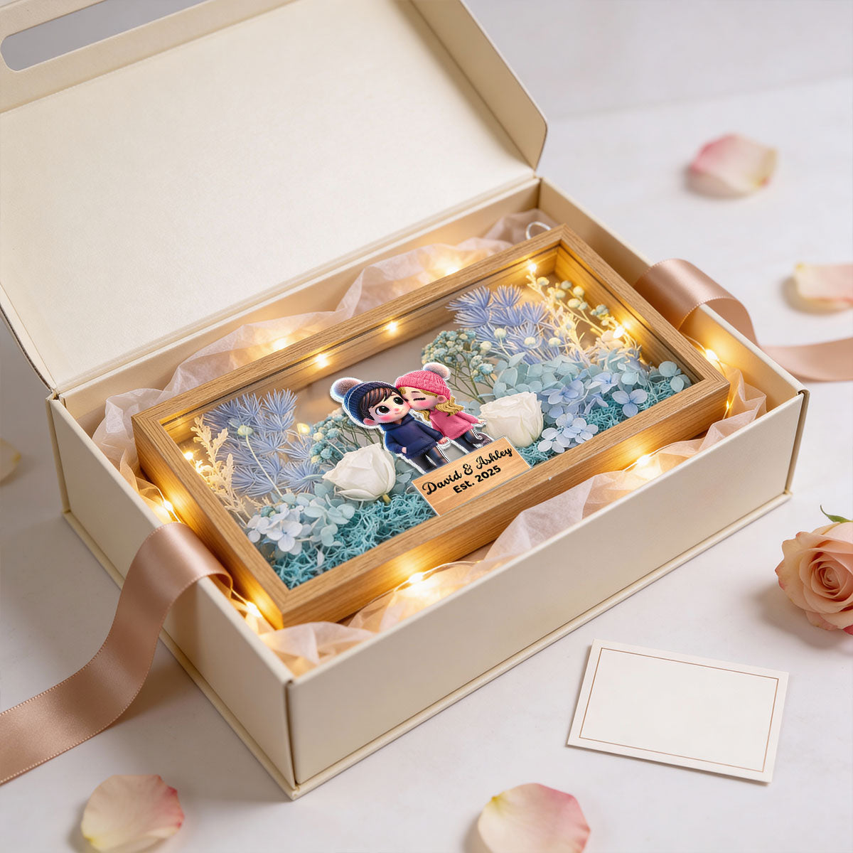 Eternal Love Cute Cartoon Chibi Couple Couple - Personalized DIY Flower Shadow Box LED Night Light - Gift For Couple, For Him, For Her