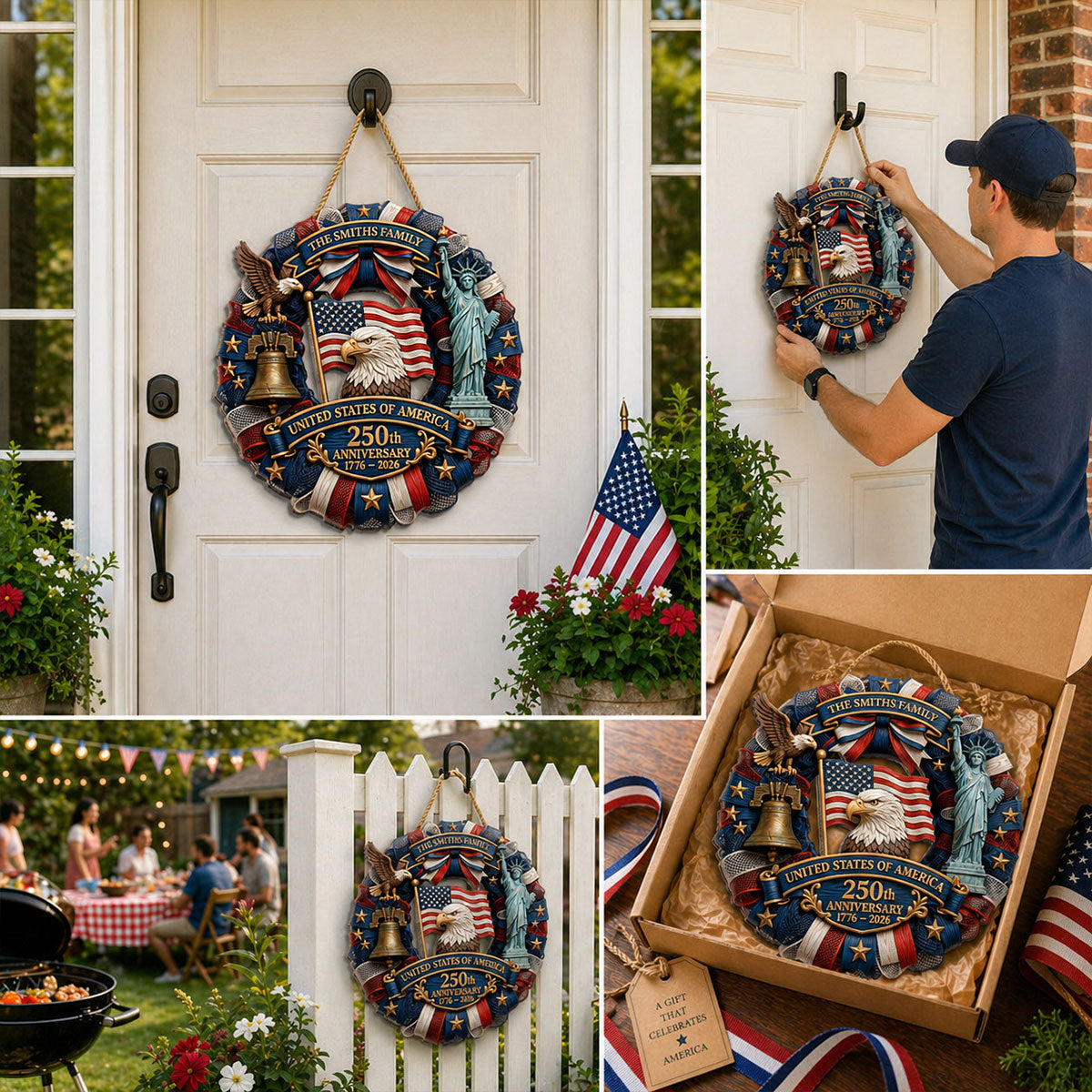 1776-2026 Eagle Liberty Bell Wreath 2D Printed - Personalized Door Hanger - United States 250th Anniversary USA Patriotic Home Decor