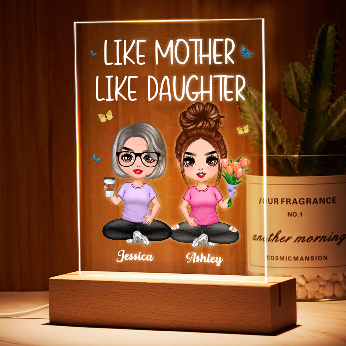 Mother Daughter Doll Sitting Flowers Personalized Acrylic LED Night Light
