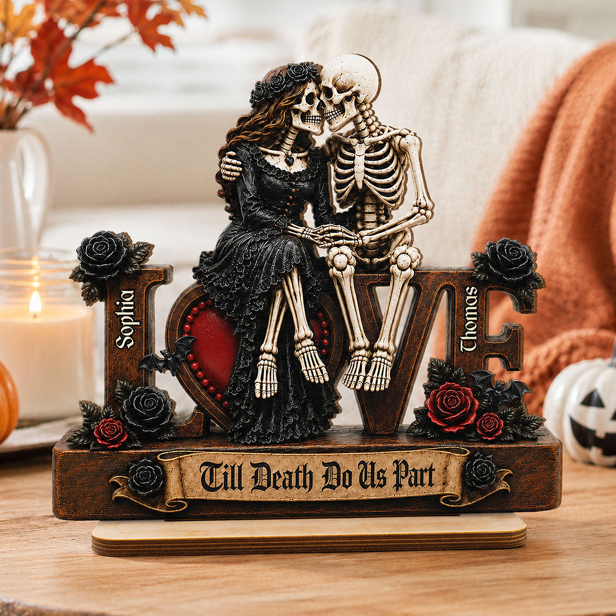 Skeleton Couple Eternal LOVE 2D Flat - Personalized 2-Layered Wooden Plaque - Halloween Decor For Couple