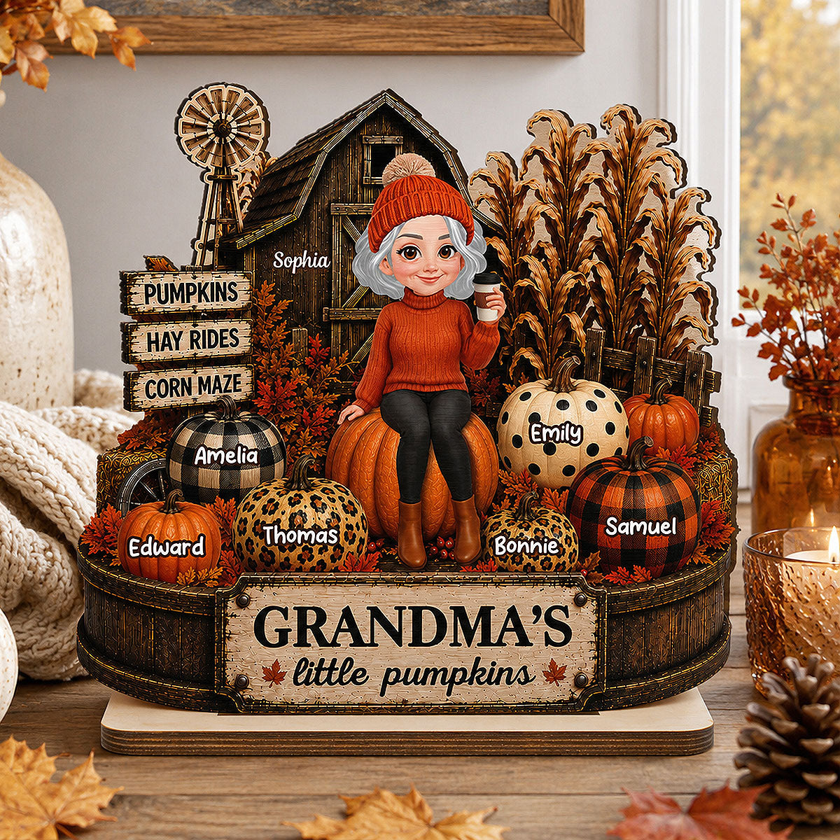Grandma Pumpkins Hay Rides Corn Maze 2D Flate - Personalized Wooden Plaque