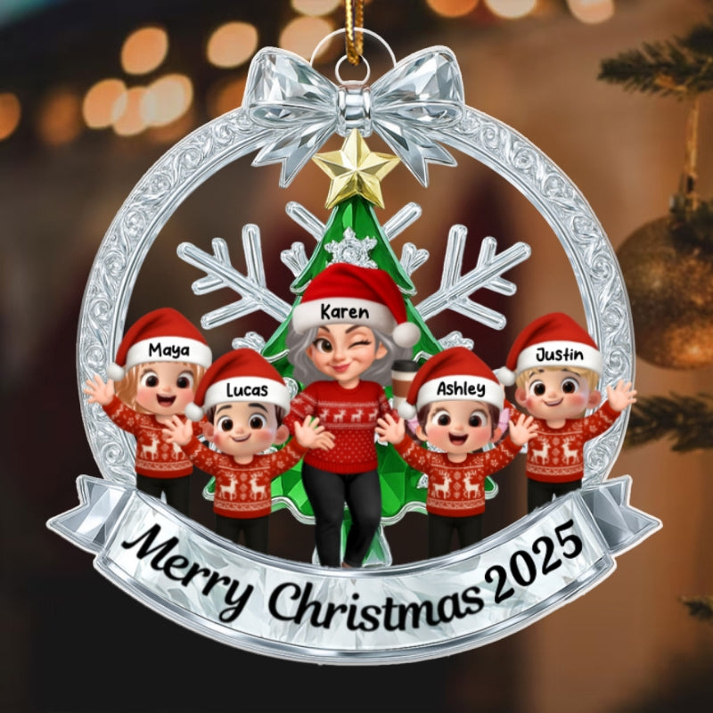Grandma Grandkids Sitting on Christmas Wreath Metallic Effect - Personalized Acrylic Ornament - Christmas Gift for Grandma