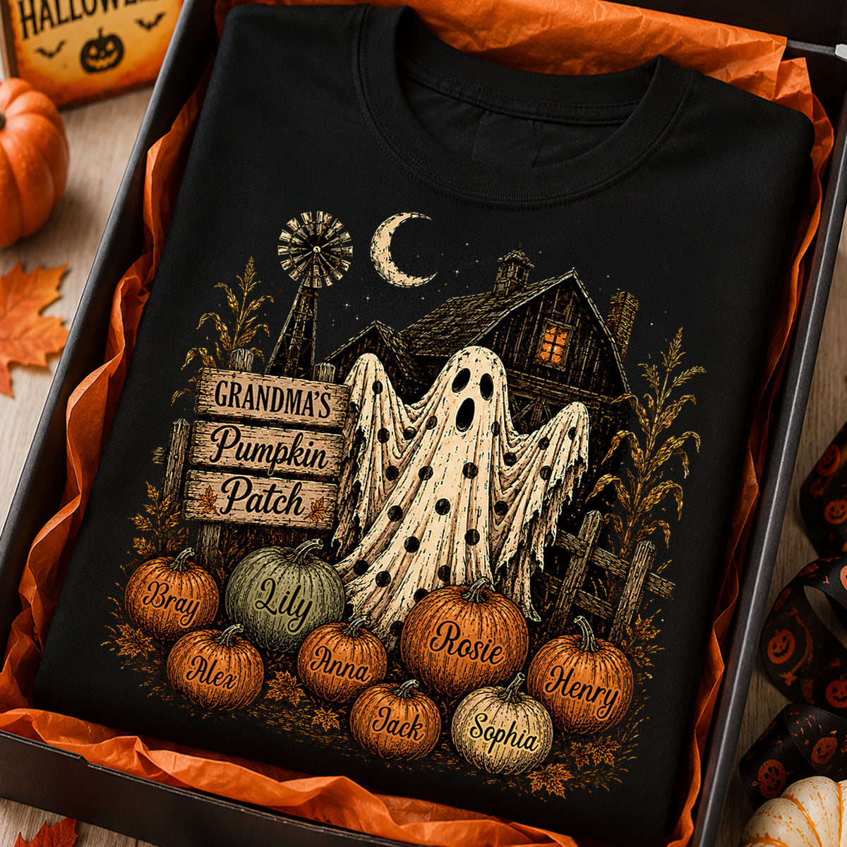 Grandma's Pumpkin Patch Haunted House - Personalized Shirt - Cozy Fall Halloween Tee for Grandma