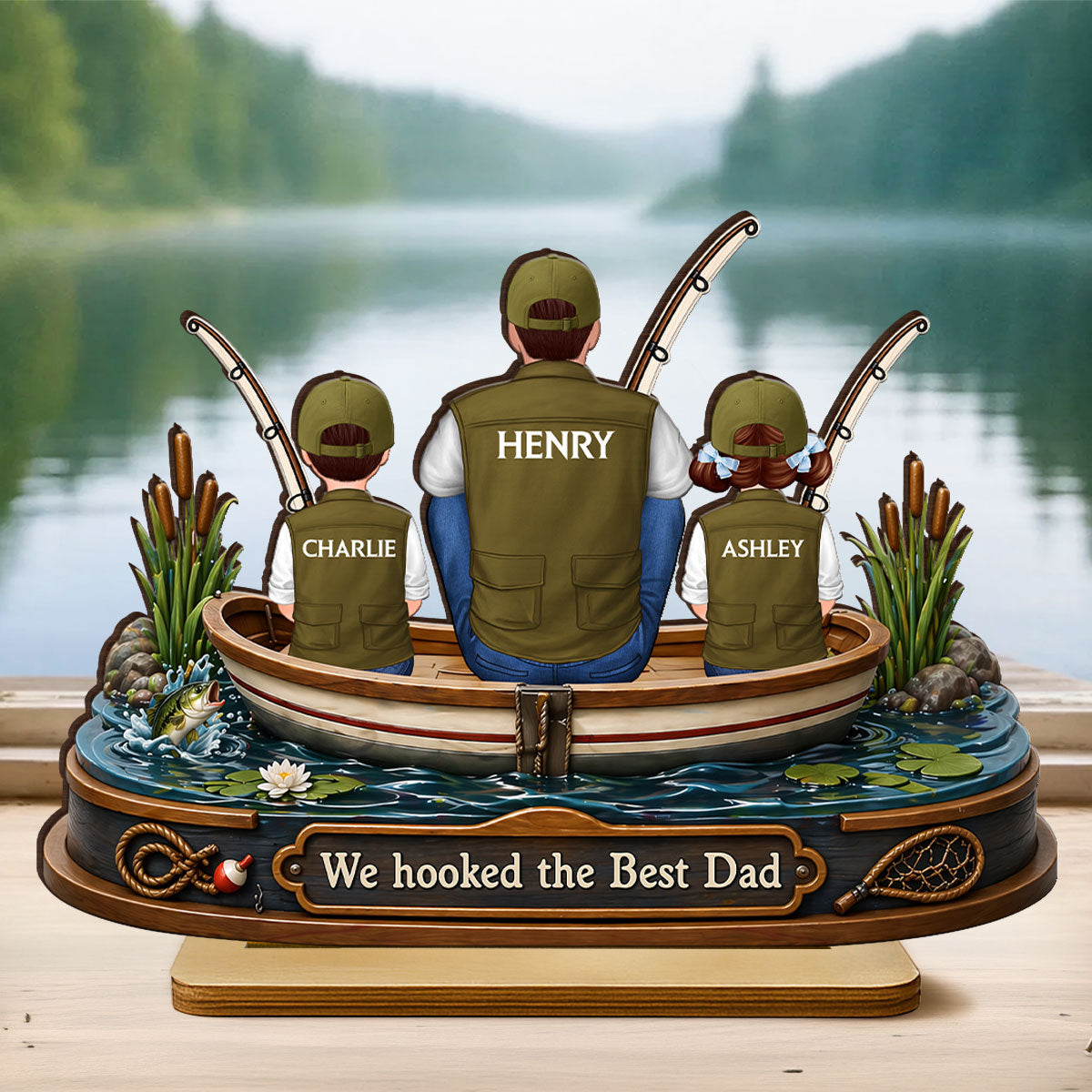 Dad And Kids Fishing Boat - Personalized 2-Layered Wooden Plaque - Heartfelt Gift For Fishing Dad, Gift For Husband