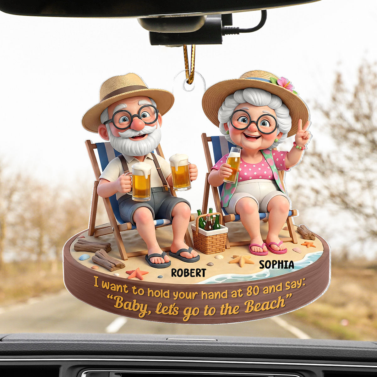 3D Effect Old Couple Baby Let's Go to the Beach  - Personalized Acrylic Car Hanger - Sentimental Gift for him, for her