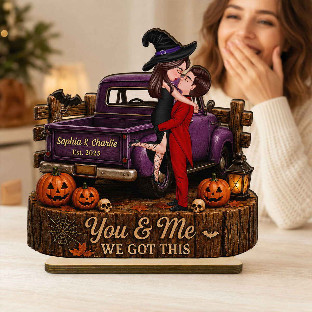 Spooky Halloween Couple Kissing - Personalized 2 Layered Wooden Plaque - Gift For Couple, Him, Her