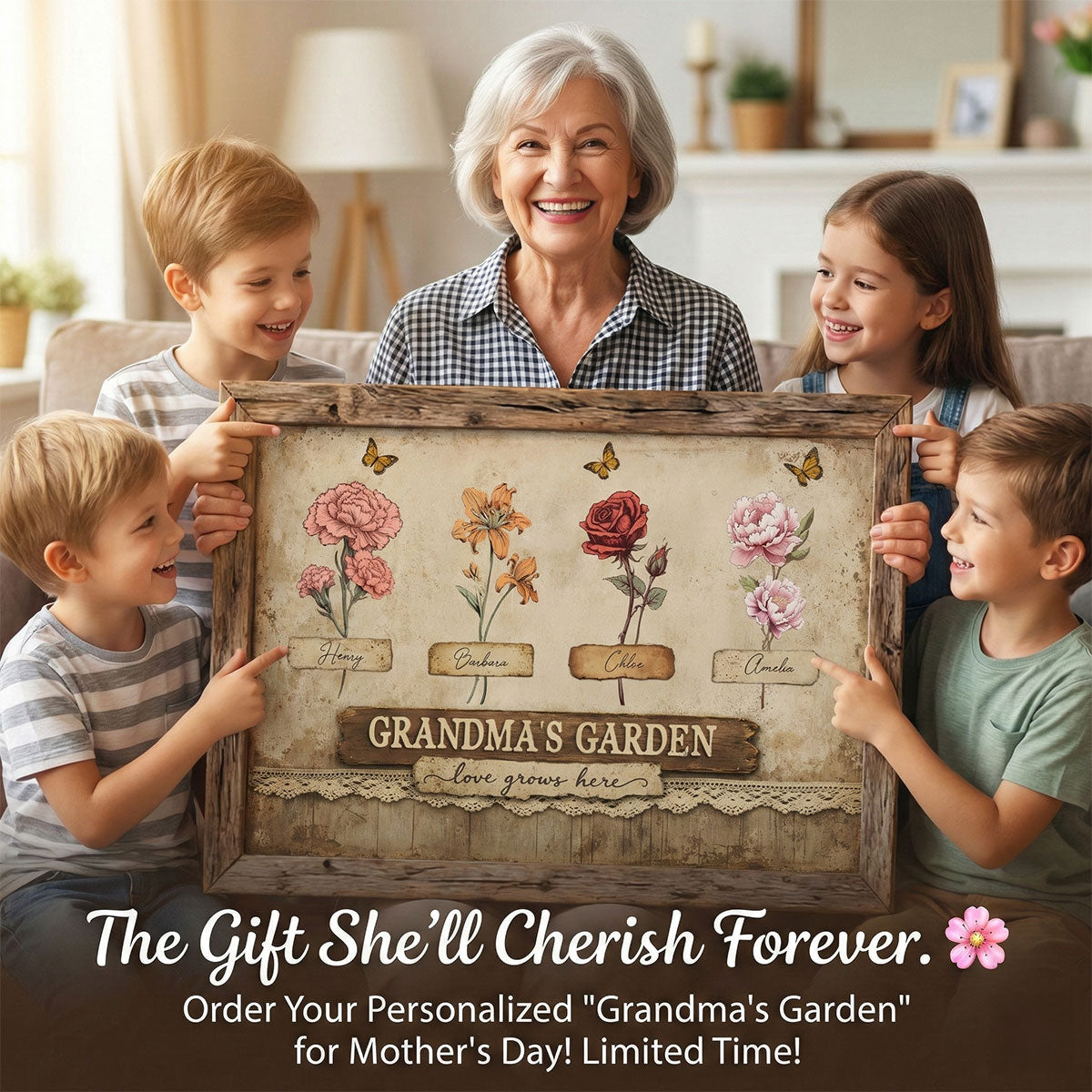 Retro Vintage Lace Pattern Grandma's Garden Birth Month Flowers - Personalized Poster - Mother's Day Gift For Grandma, Mom