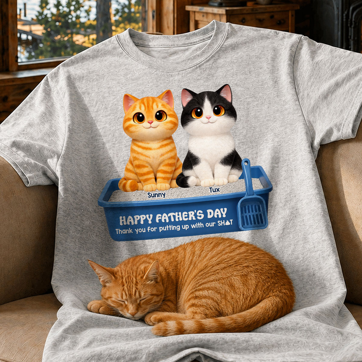 Cute Fluffy Cats Happy Father's Day Thanks For Feeding And Scooping Poo - Personalized Shirt - Funny Father's Day Gift For Cat Dad, Cat Lovers