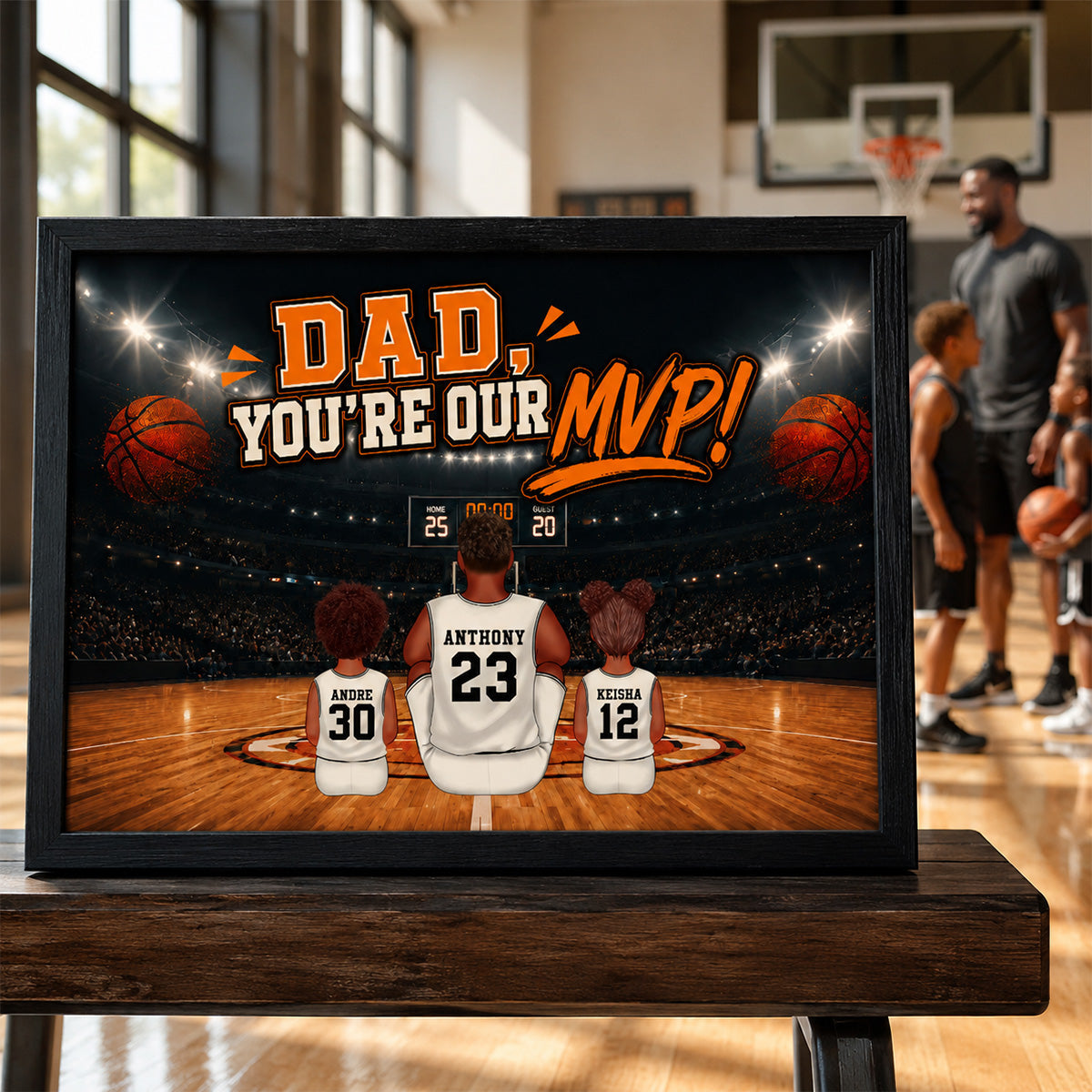 Dad You Are Our MVP Sitting Basketball Man & Kids 2D Flat - Personalized Poster - Father's Day Gift For Basketball Dad