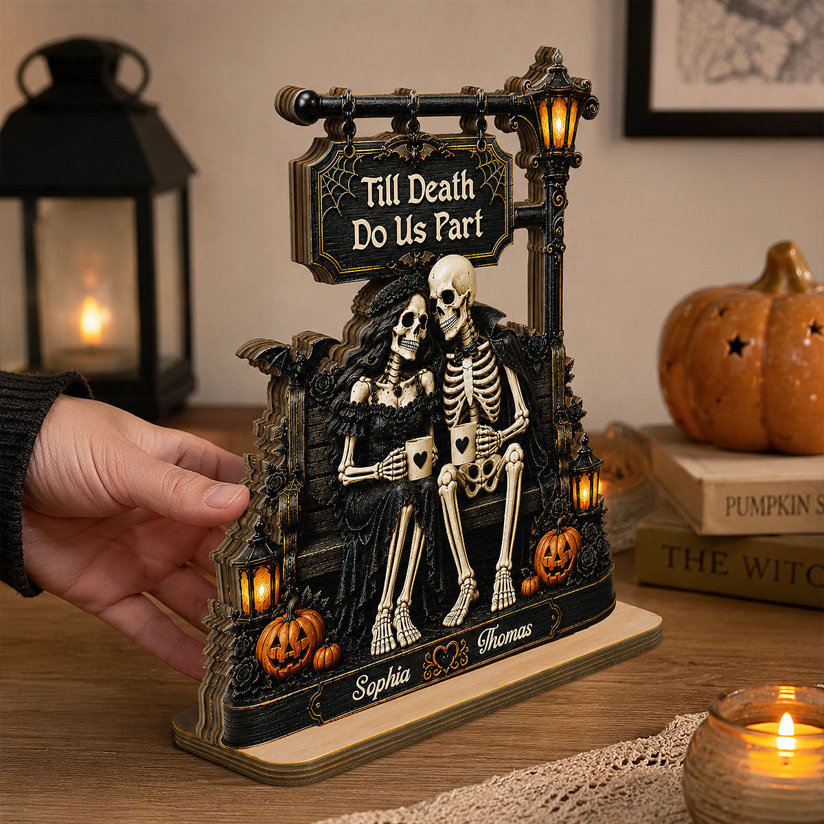 Till Death Do Us Part Skeleton Couple Under Lamp Post 2D Flat - Personalized 2-Layered Wooden Plaque - Halloween Decor For Couple